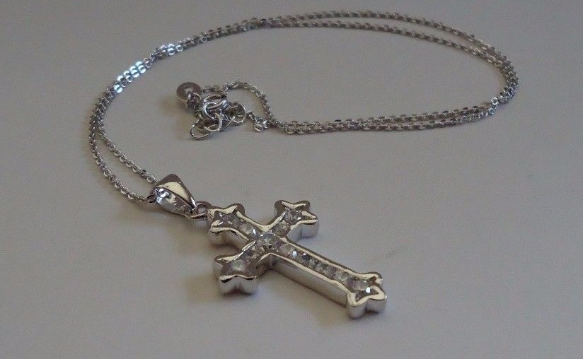 CROSS NECKLACE PENDANT 1 CT LAB CREATED DIAMONDS / 925 STERLING SILVER / 17”