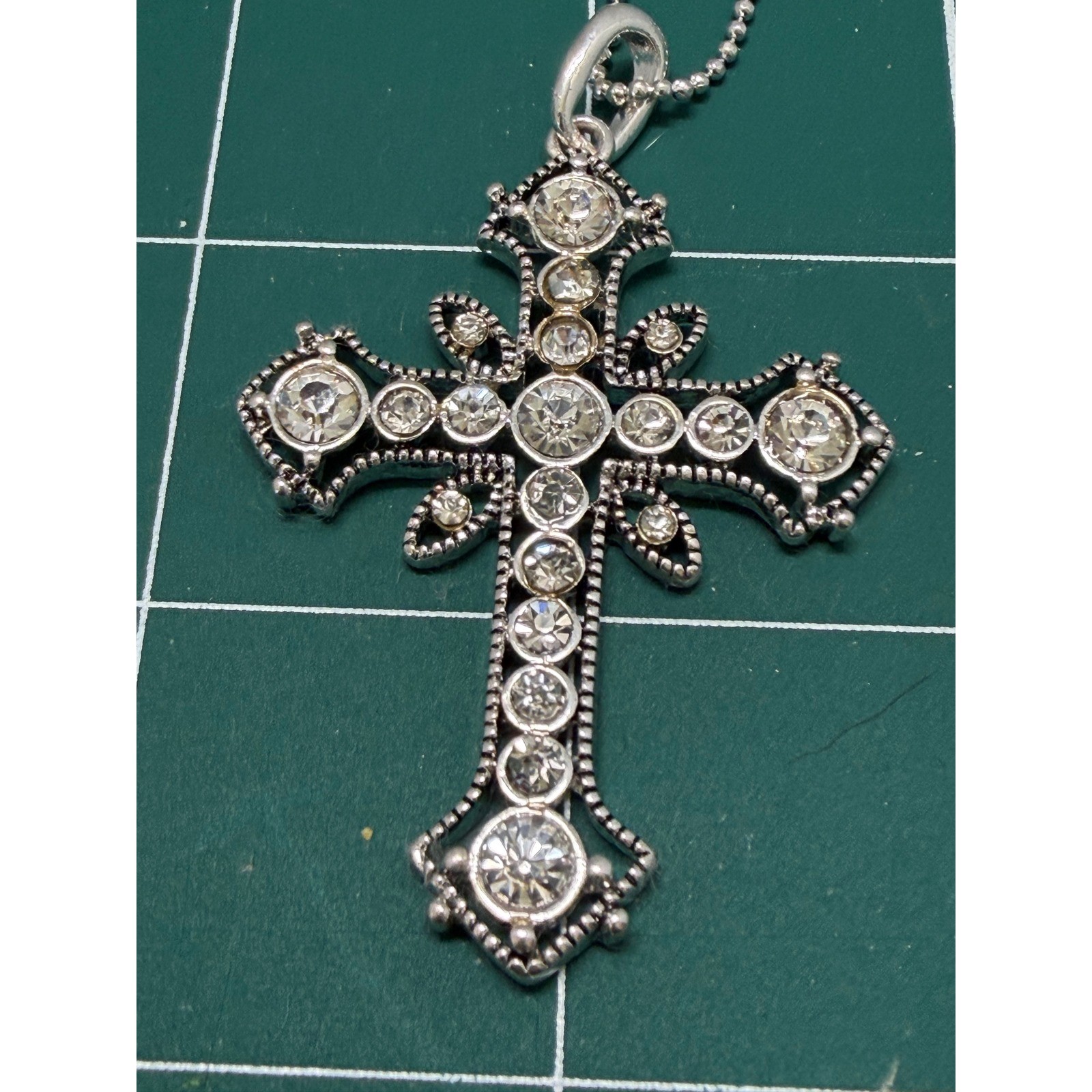 Silver Tone Rhinestone Gothic Cross Pendant Necklace Ball Chain Adjustable 21in