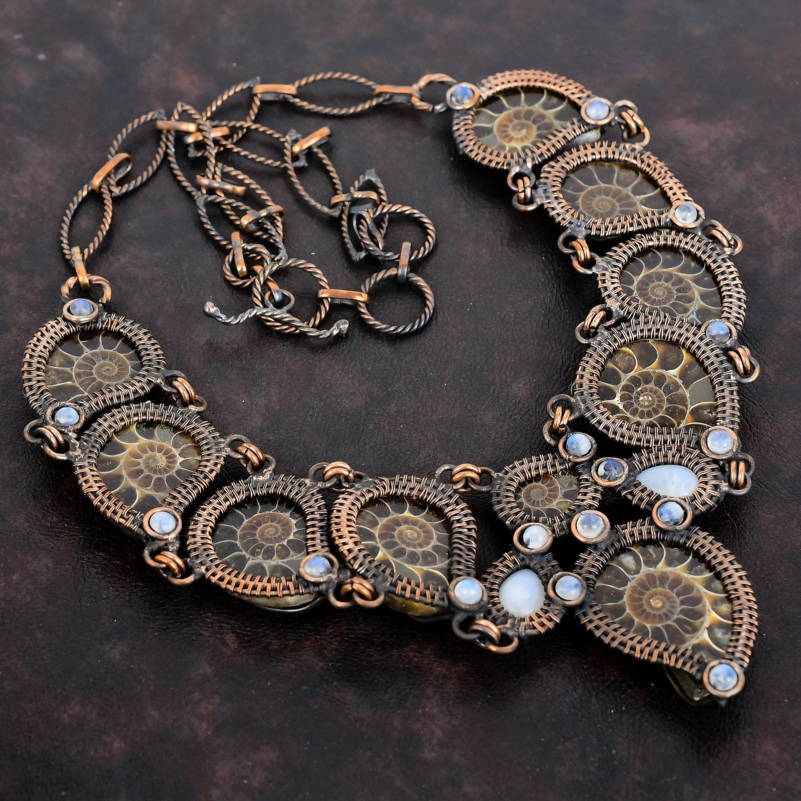 Ammonite Fossil Gemstone Necklace Copper Wire Wrap Moonstone Adjustable Necklace