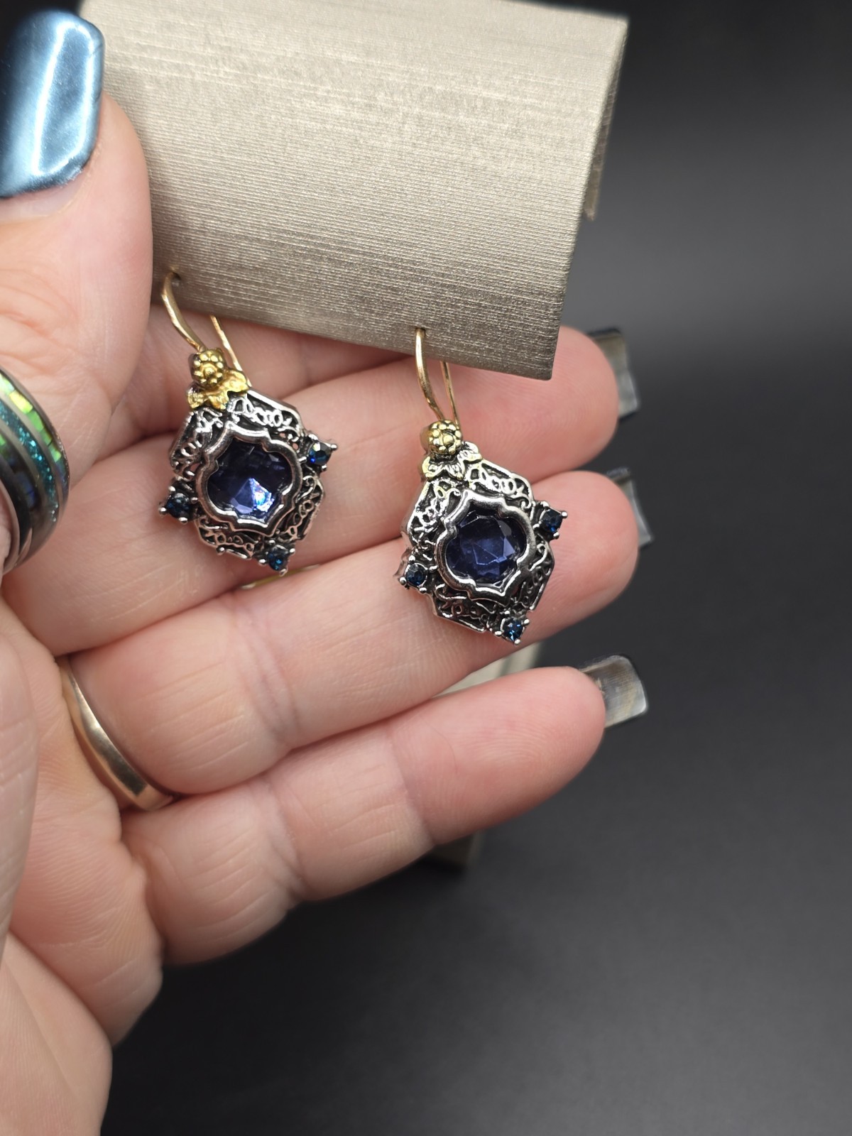 Silver & Gold Tone Dangle Drop Earrings Blue Round Crystal Bezel Hook 1.25in