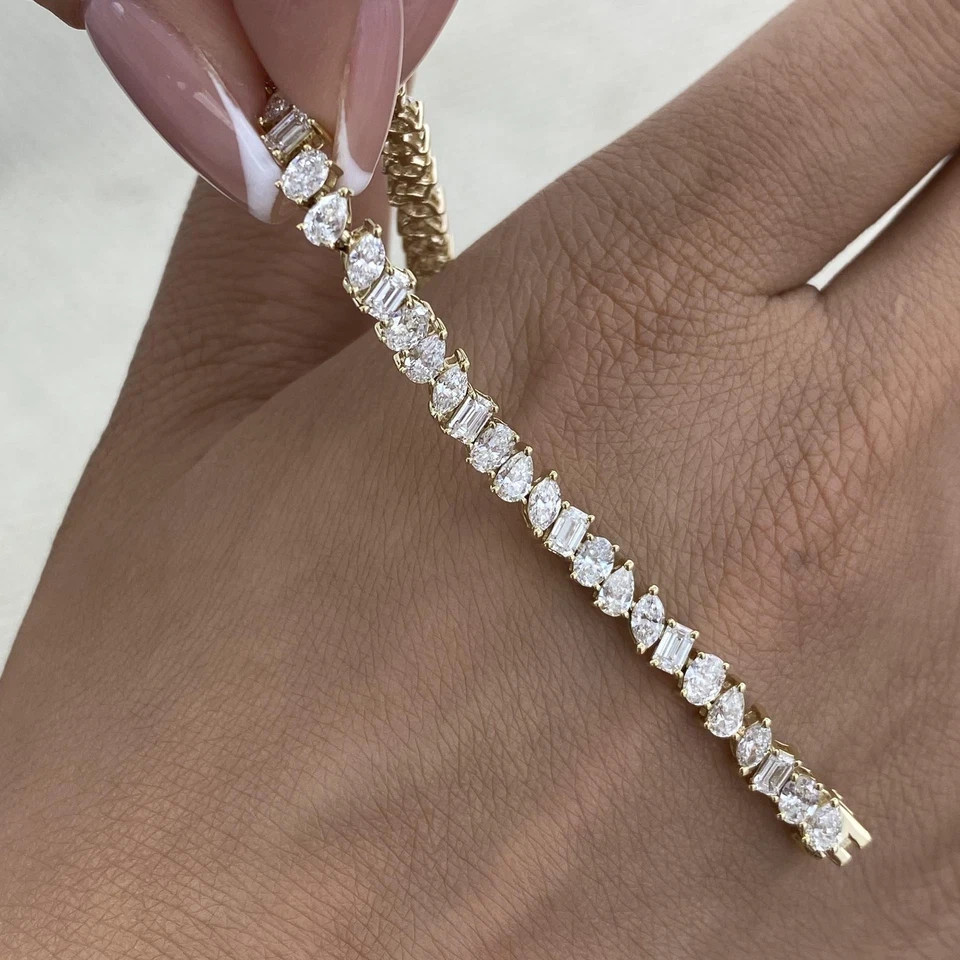 5ct Pear & Emerald Cut Simulated Diamond Tennis Bracelet 14k Yellow Gold Plated