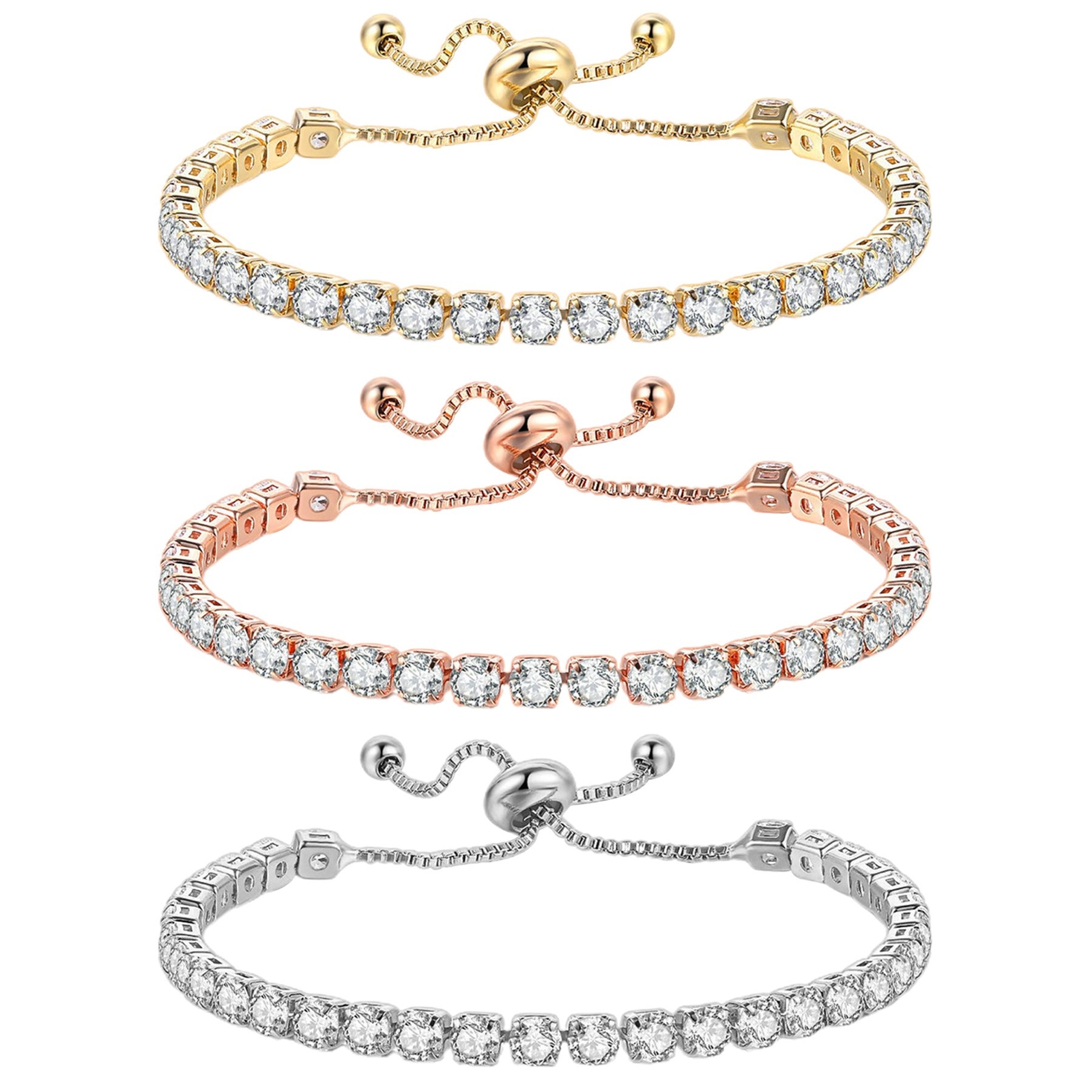 2pcs Women Girls 4MM Round Cubic Zirconia Adjustable Tennis Bracelet Chain Gift