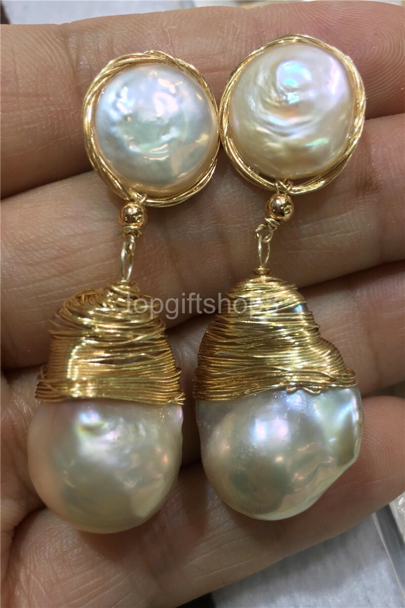 White baroque cultured freshwater Pearl Earrings 14k gold