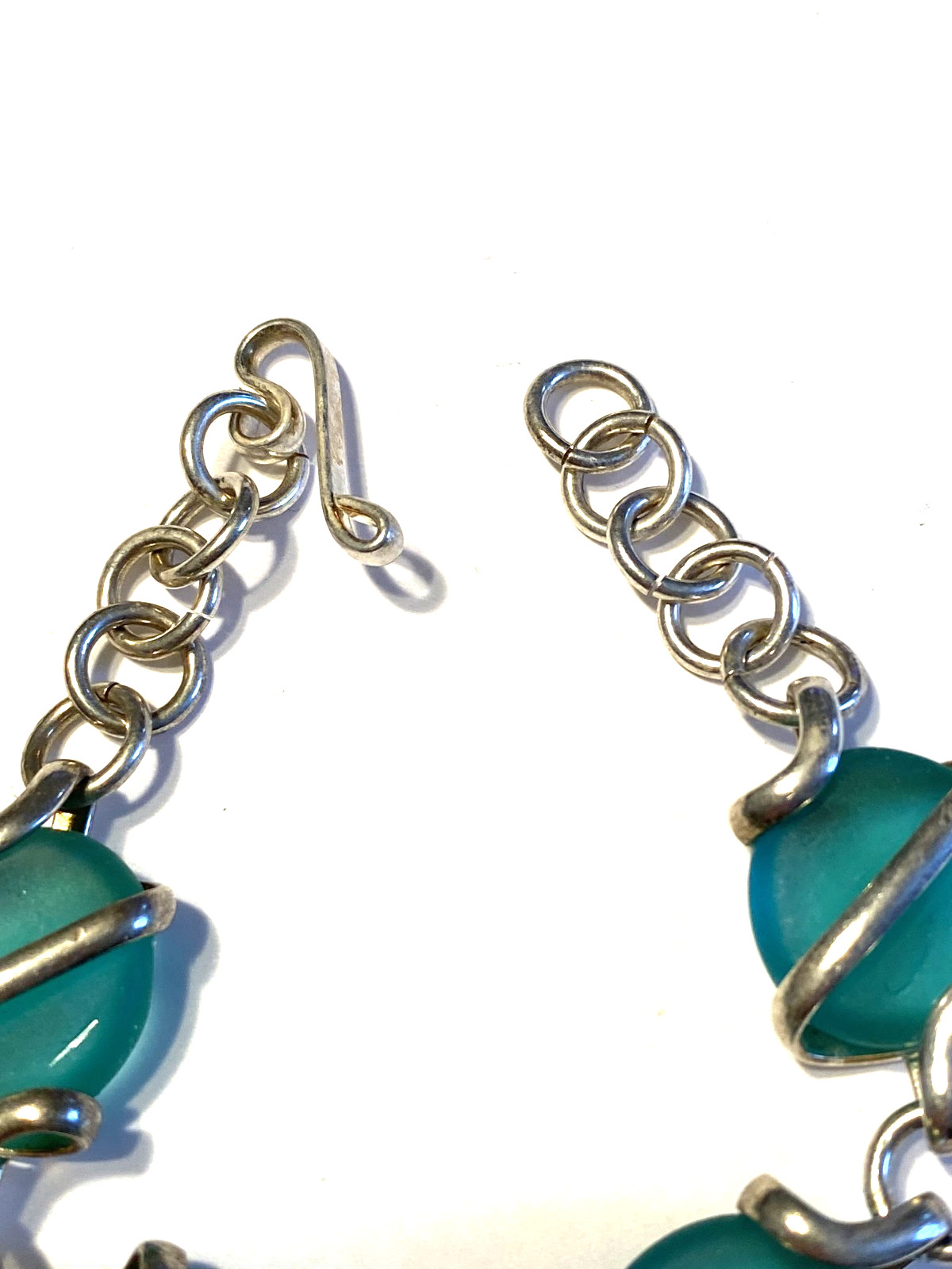Bracelet Silver Tone Linked Wrapped Green Glass Hook Clasp