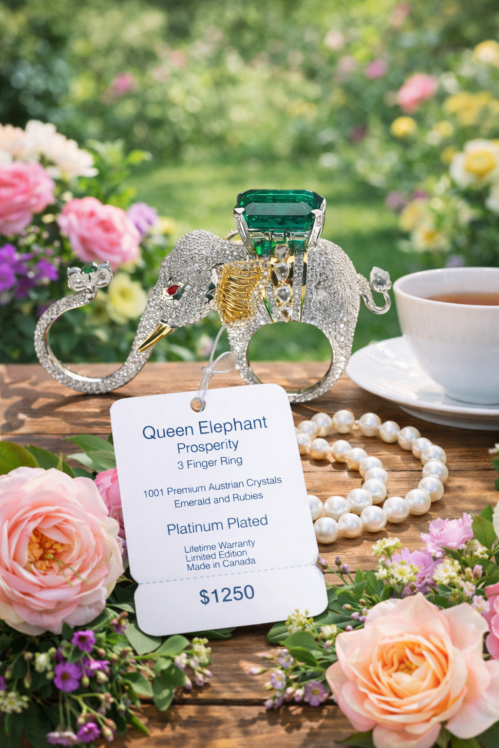 Queen Elephant 3 Finger Ring Emerald Ruby Austrian Crystals Platinum Plated Sz 8