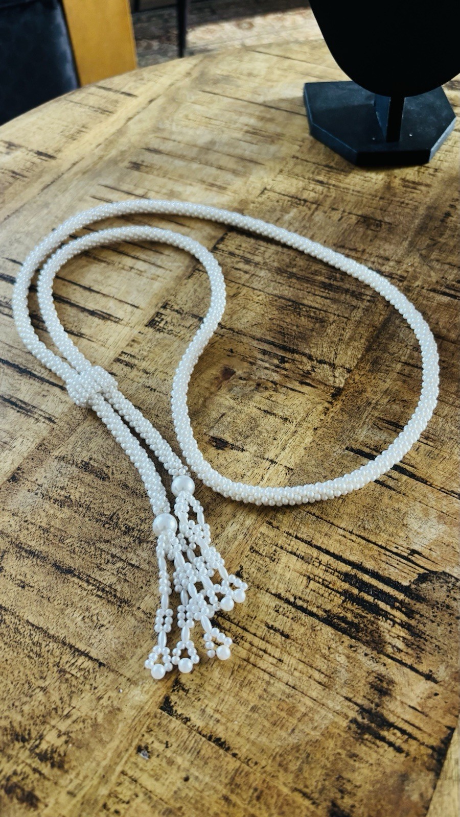 Faux Seed Pearl Lariat Necklace Woven Slider Tassel Flapper Boho VTG