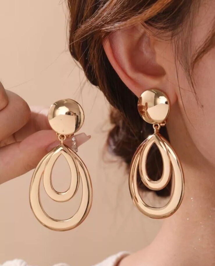 Clip On Gold Earrings Statement Chunky Big Huge Bold Hoop Dangle Pageant Chunky