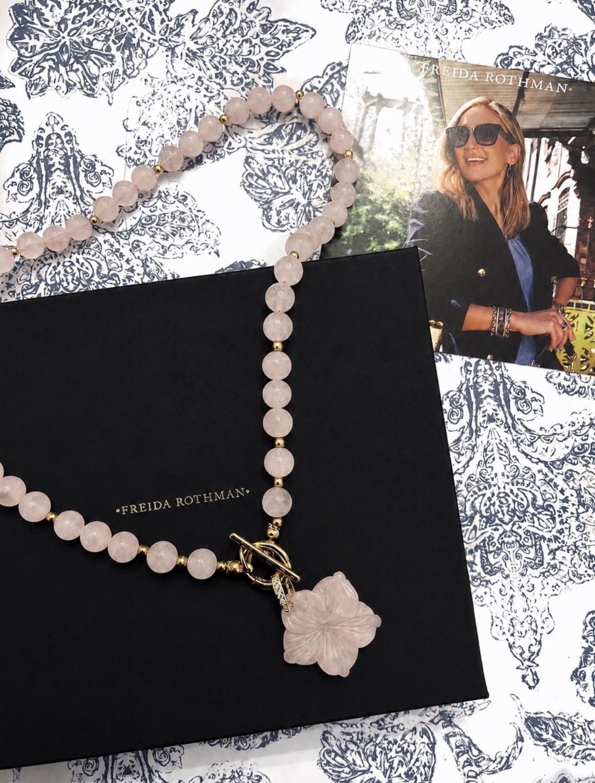 Freida Rothman Genuine Hand-Carved Rose Quartz FlowerPendant and Necklace