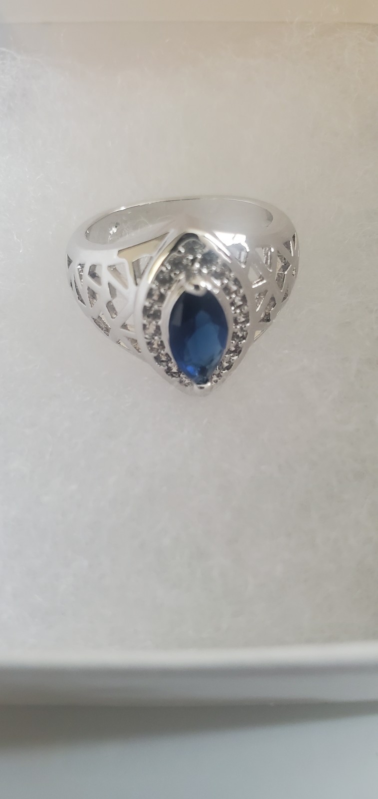 White Gold Filled Over Copper Band Ring Size 7 with Blue Marquise Center Stone