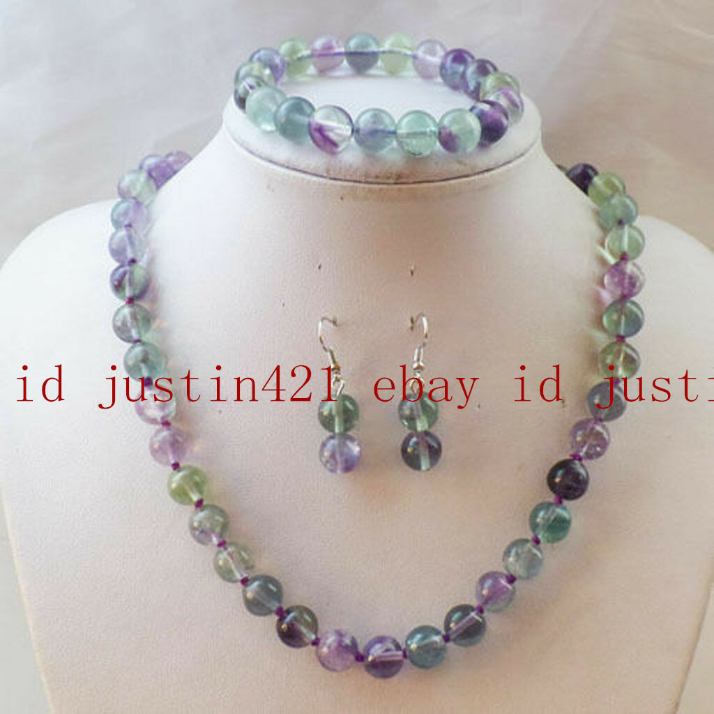Natural 10mm Multicolor Fluorite Gemstone Beads Necklace Bracelets Earrings Set