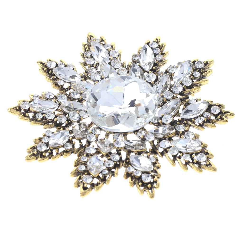Antique Gold Alloy Metal Large Crystal Rhinestone Flower Brooch P1611-GCL