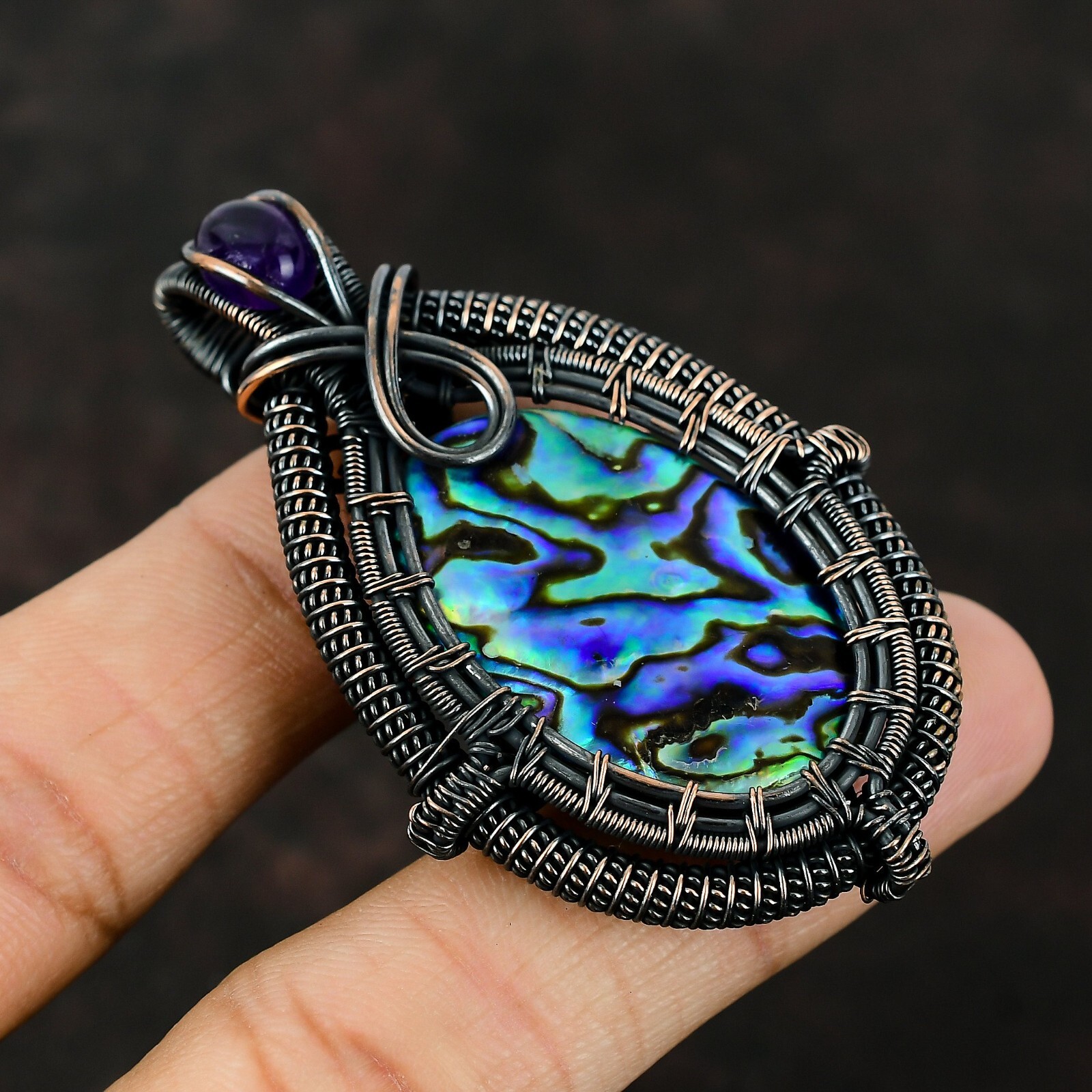 Abalone Shell Wire Wrapped Pendant Handcrafted Copper Holiday Jewelry 2.6″