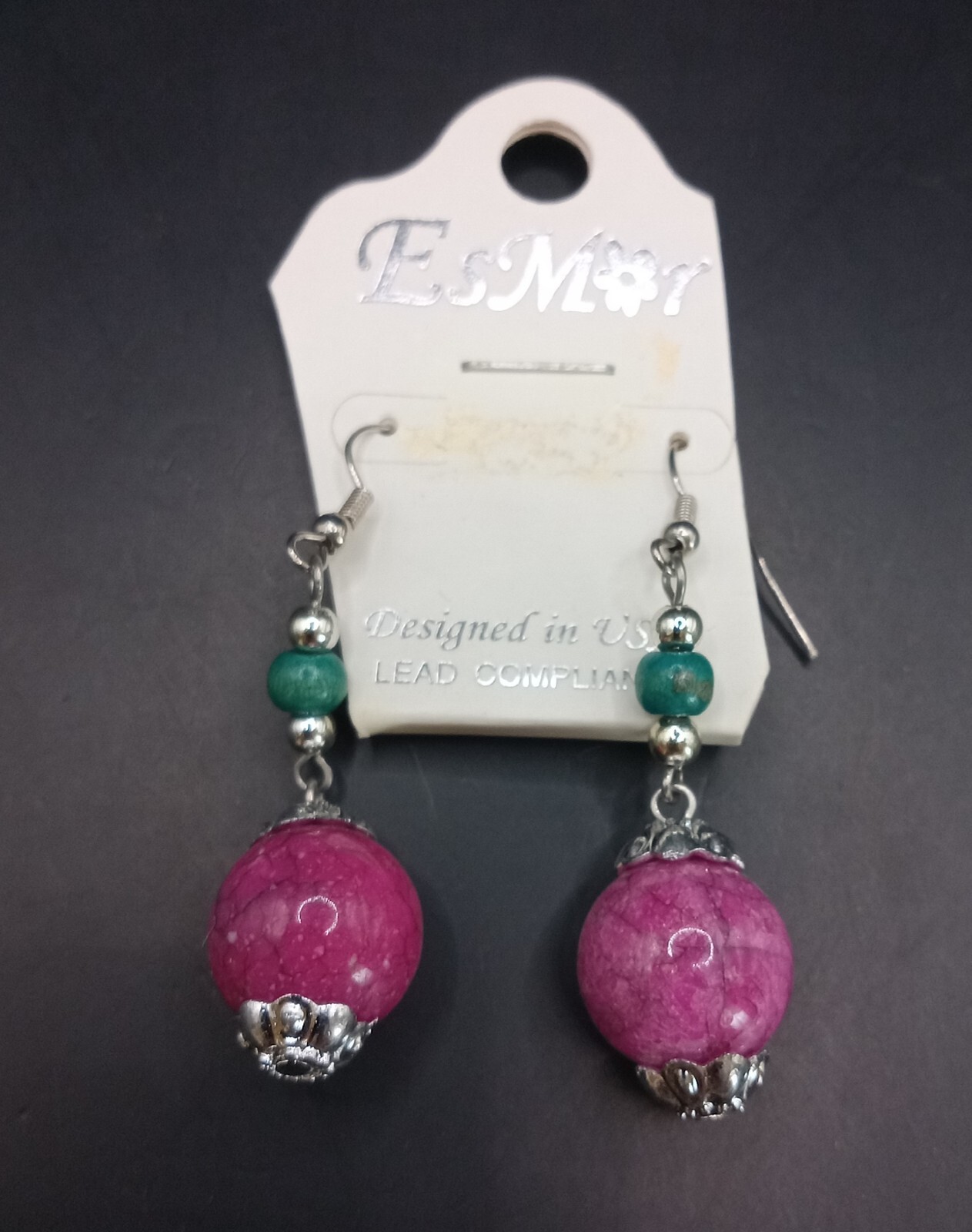 EsMor Silver Tone Marbed Pink And Green Glass Beaded Dangle Drop Hook Earrings
