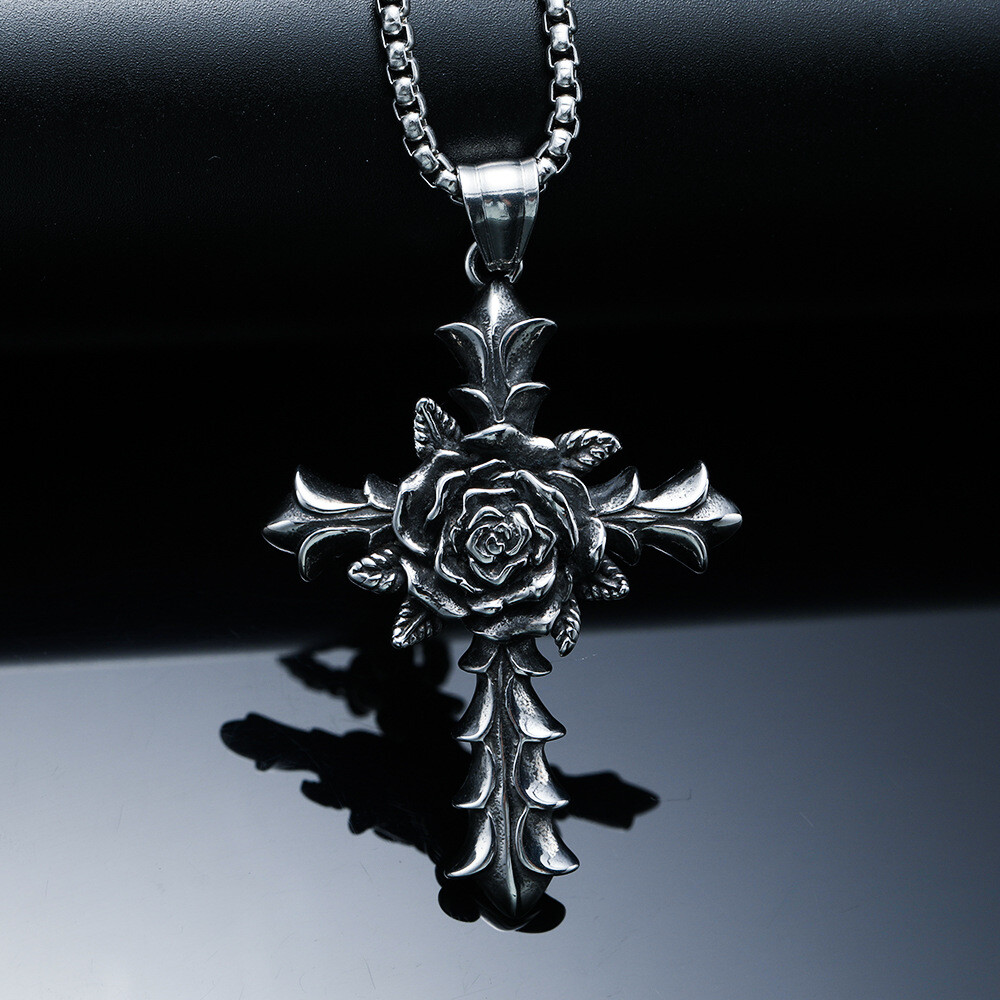 Men’s Necklace Hip Hop Punk Rose Cross Stainless Steel Men’s Necklace