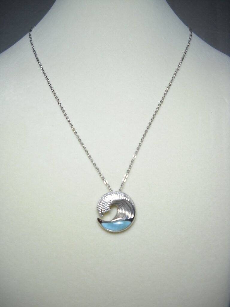 Alamea Hawaii Ocean Wave Larimar Pave CZ Sterling Silver Pendant Necklace Lovely
