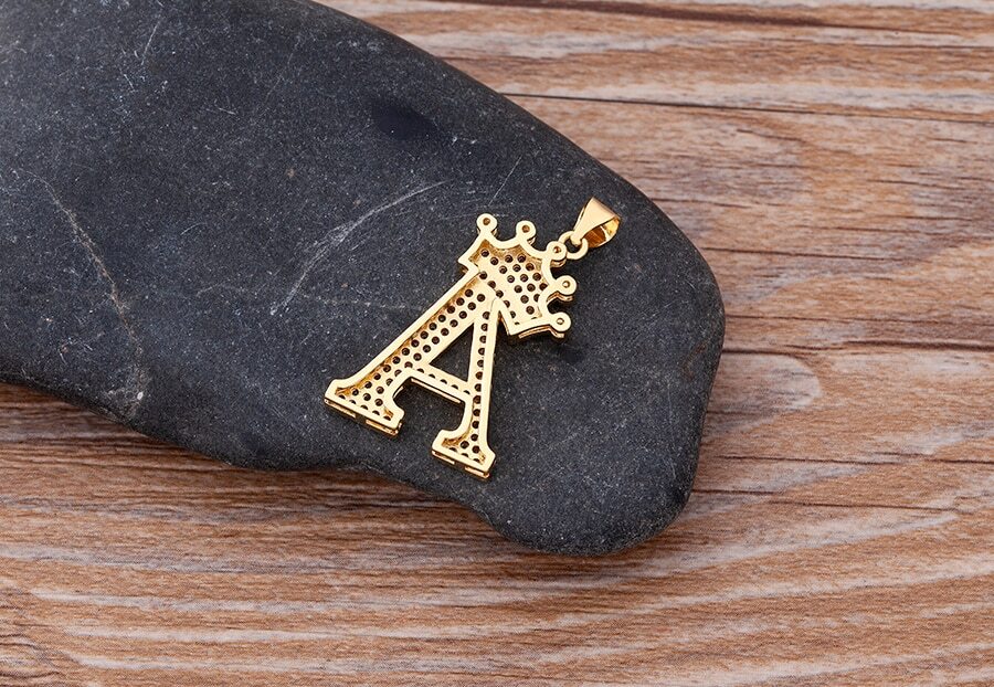 Hip Hop Fashion Jewelry Gold CZ Crown Letter Initial Pendant Necklace 1-165