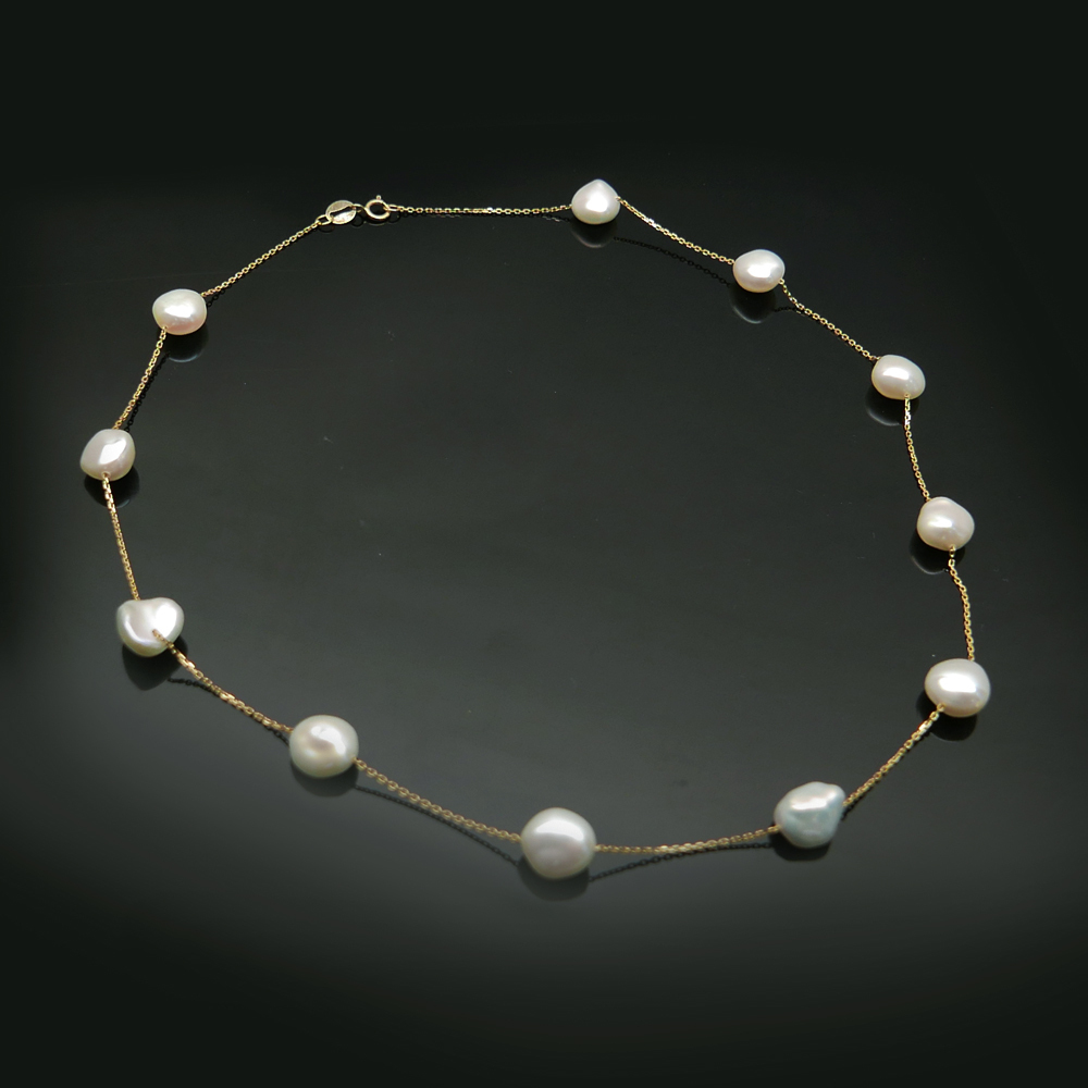 8-9mm White Natural Freshwater Keshi Pearl Necklace 14k Yellow Gold Chain 16.0″