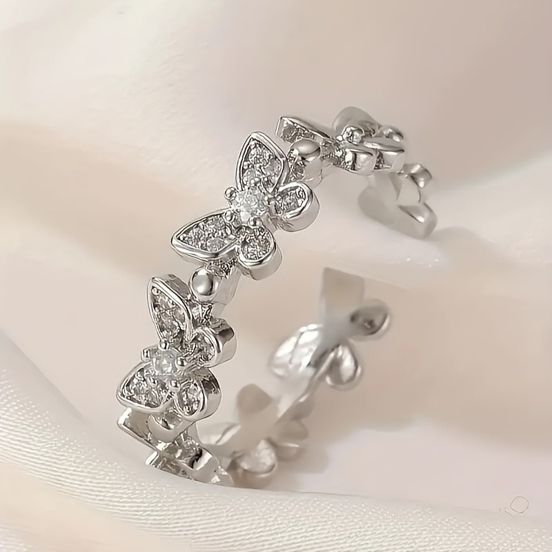 Cubic Zirconia Butterfly Eternity Band Ring Adjustable Open Stackable Dainty