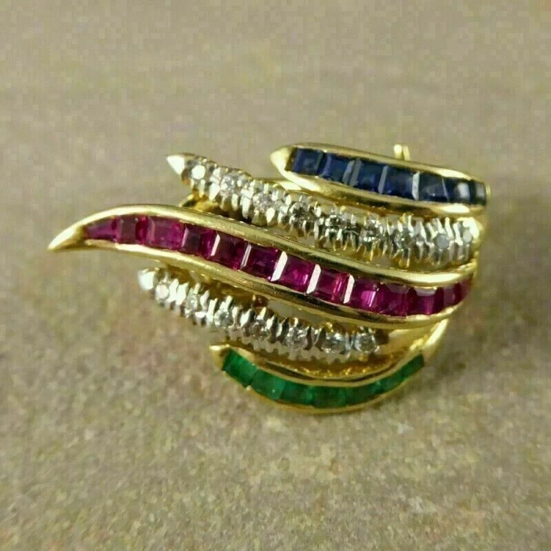 14K Yellow Gold Plated 2.2Ct Simulated Sapphire Ruby Emerald Omega Back Earrings