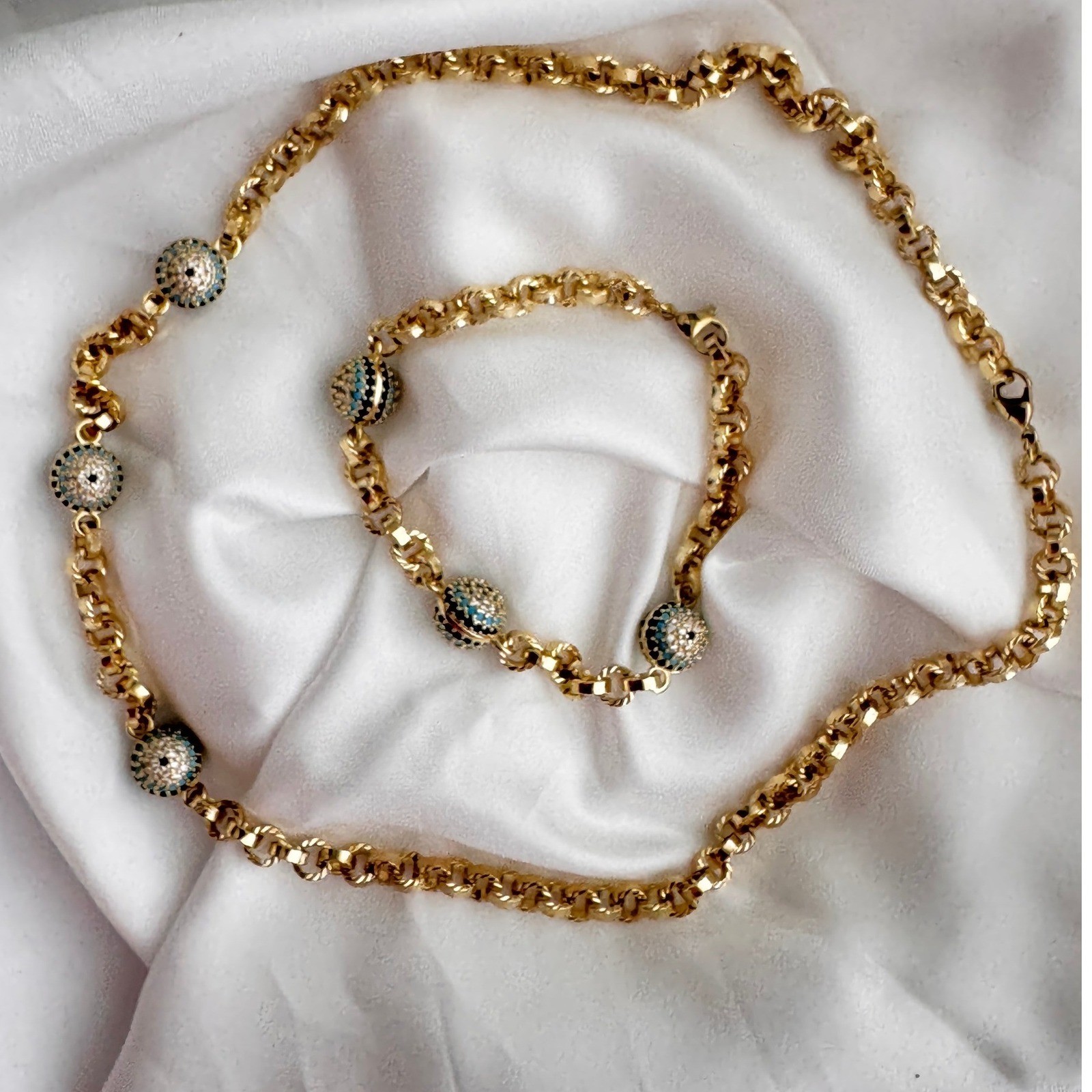 Gold Tone Evil Eye Jewelry Set Chunky Link Necklace and Bracelet Pavé Crystal