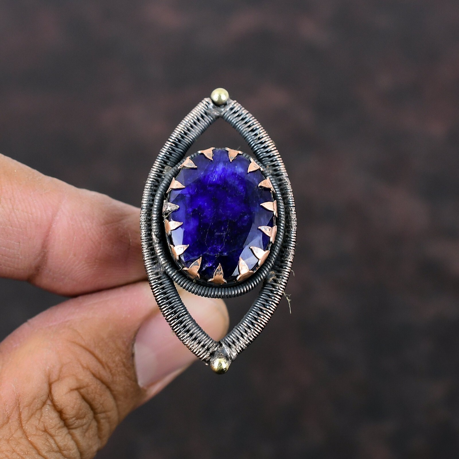 Blue Saphire Copper Mother Gift Wire Wrapped Adjustable Ring Size Adjustable