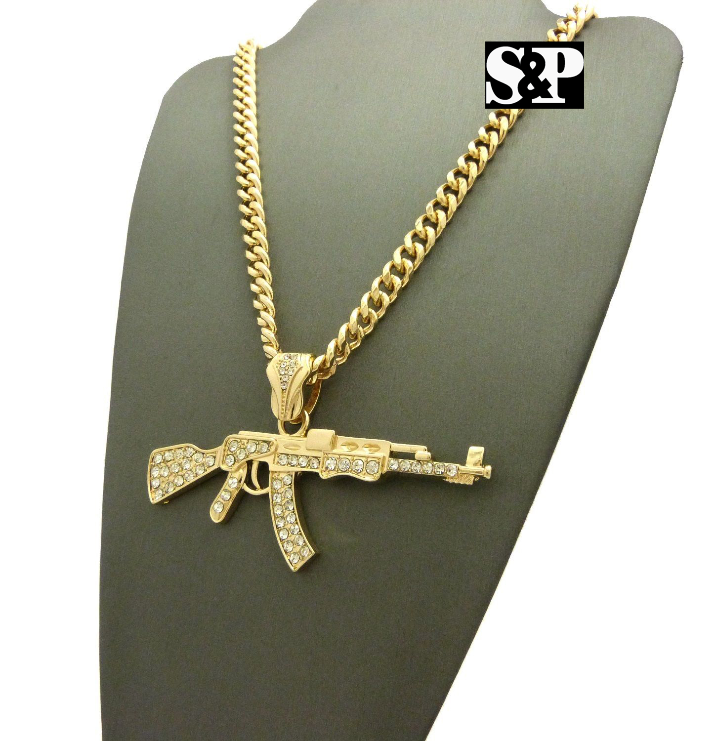 Gold Plated Alloy Cubic Zirconia AK47 Machine Gun Charm 24″ Cuban Chain Necklace