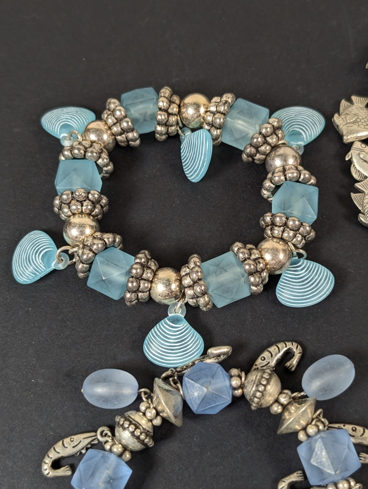 5 Beachy Beaded Bracelets Lot Silver Tone Metal Beads With Charms Fish Shrimp