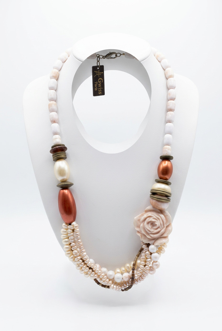 Elegant Layered Beaded Statement Necklace, Floral Accent Fashion Jewelry