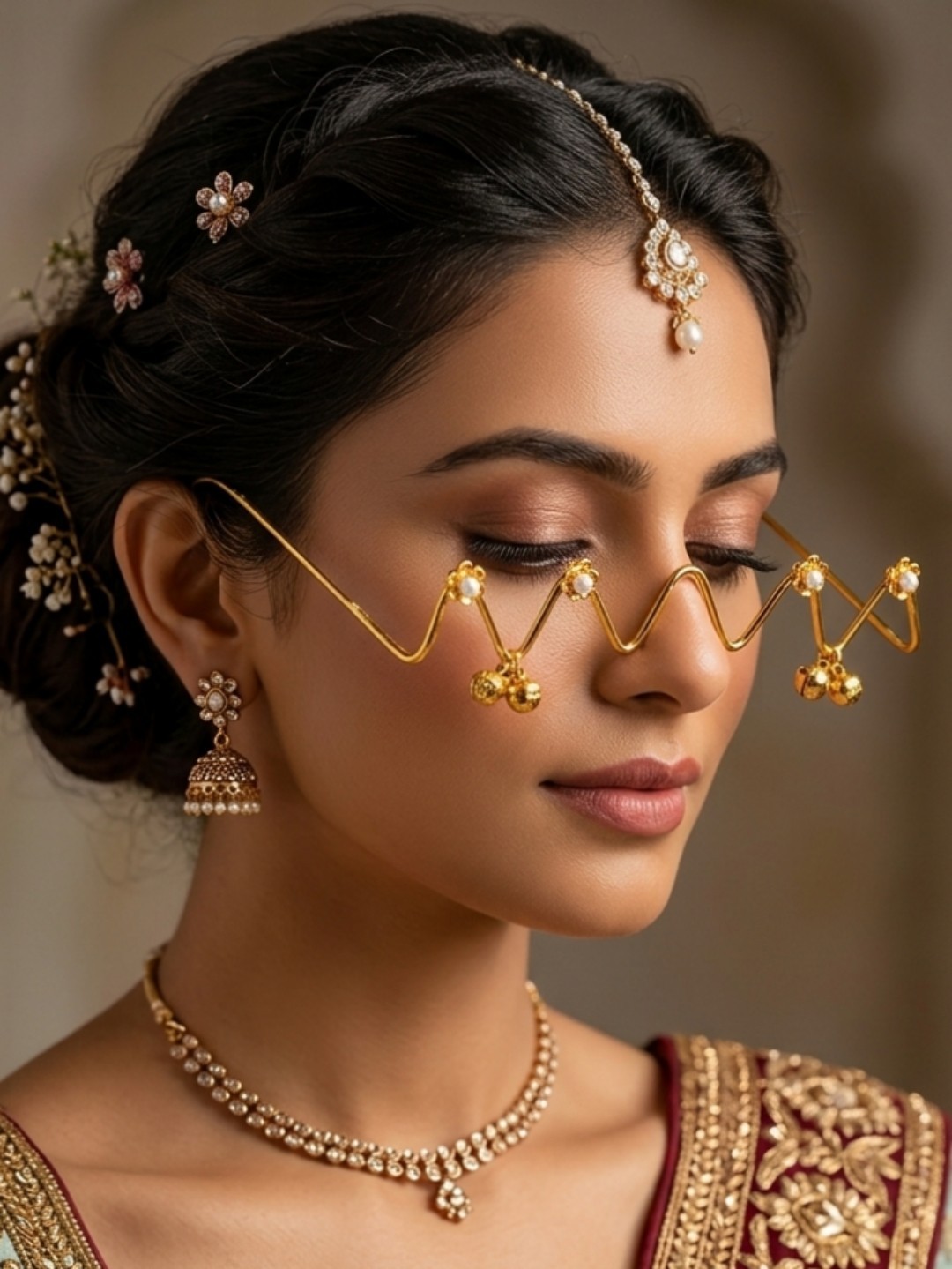 Gold Wire Pearl Wave Face Jewelry Handmade Boho Statement Eye Accessory Facelet