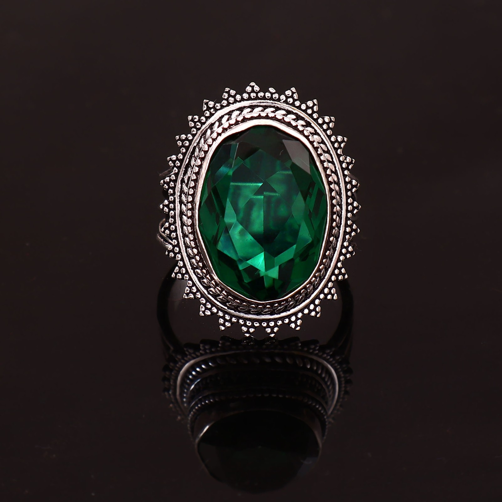 Handmade Oval Emerald Sterling Silver Statement Ring, Vintage Design