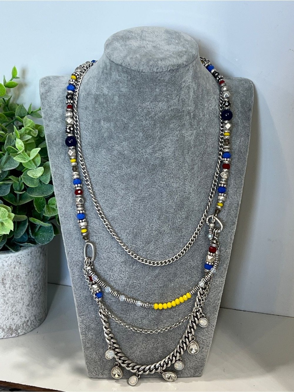 Premier Designs Multi-Strand Silver Necklace with Blue, Red & Yellow Beads