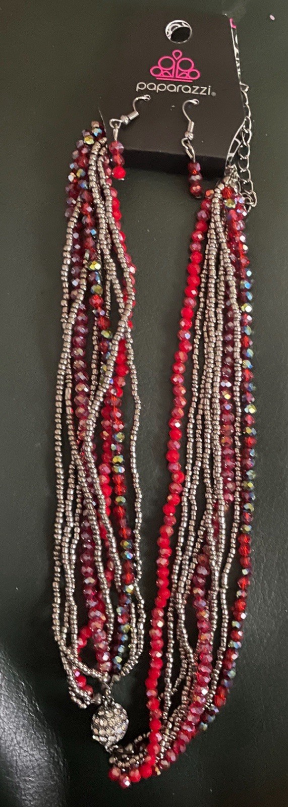 Paparazzi Earrings & Necklace Set Red Black Silver Shiny Costume Jewelry NEW