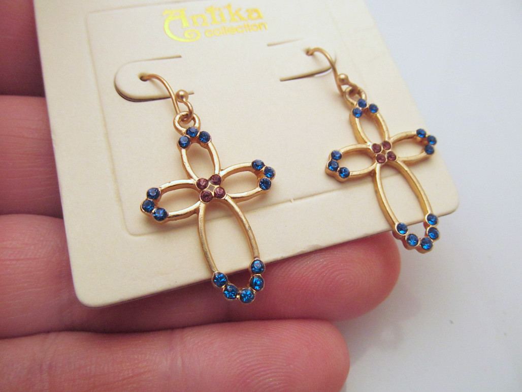 *NEW Gold Tone Cross Pierced Earrings Blue & Purple Crystals by Antika