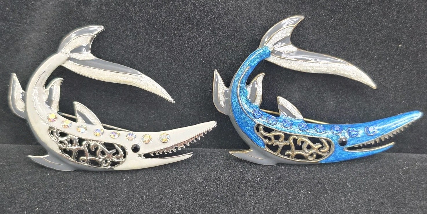 Lot of 2 Shark Brooch Pins Silver Tone Blue Enamel Clear Round Rhinestones