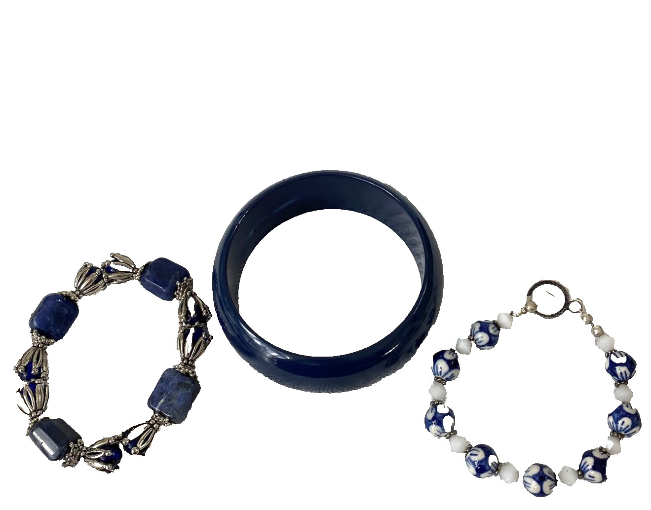 Blue Womens Bracelet Set Lot Of 3 Bangle Gemstone Porcelain Beads Boho 7.8 In