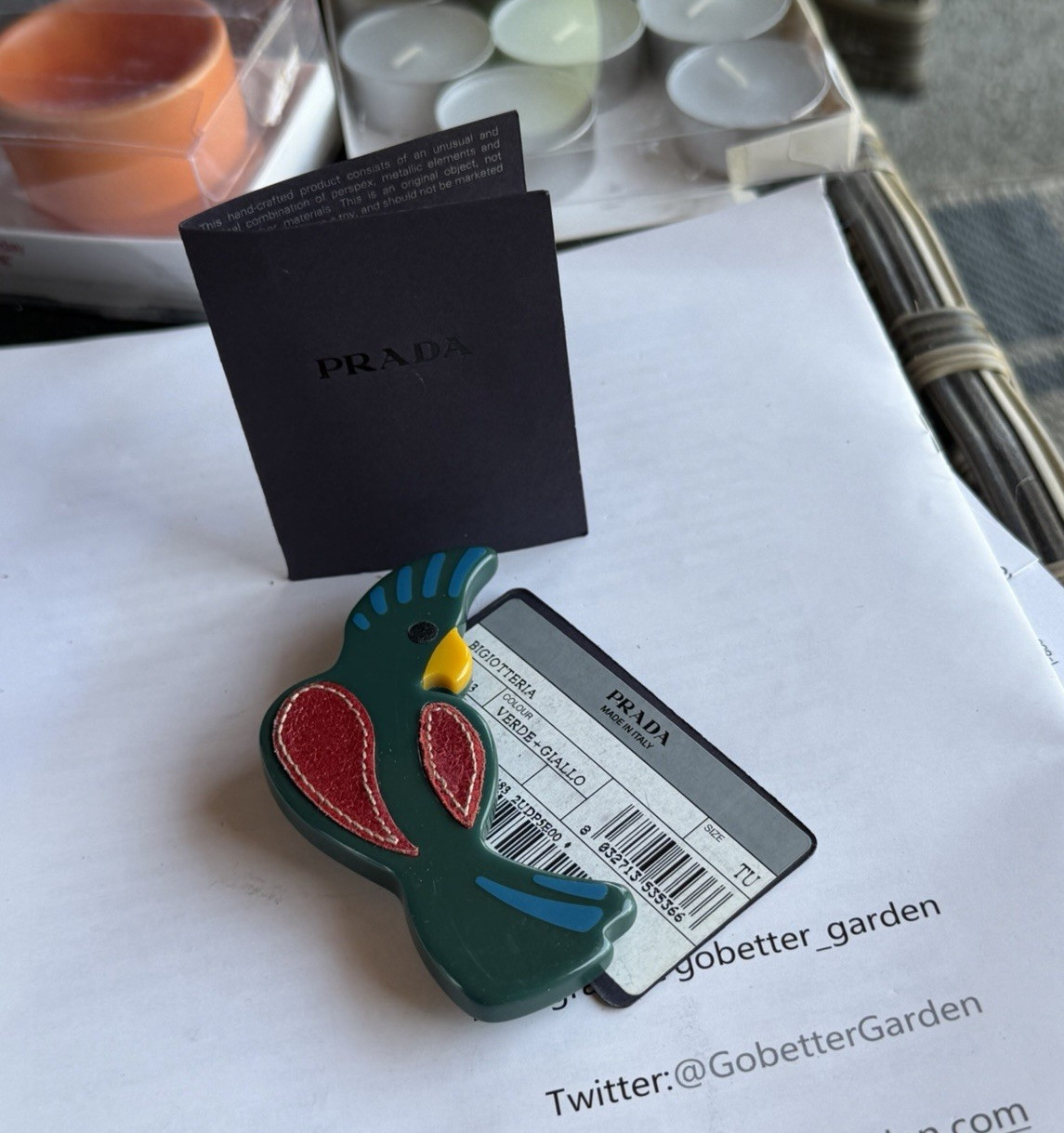 PRADA Bird/Parrot Brooch Leather Green Red Yellow Blue Signed Engraved Italy