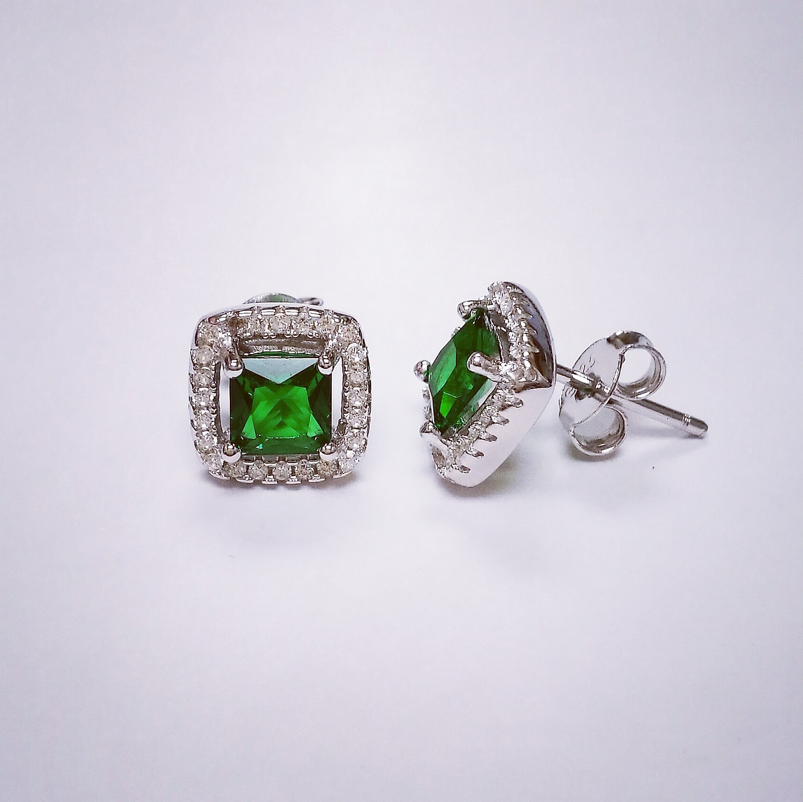 2 Ct Simulated Diamond Halo Stud Earrings with Simulated Emerald 14K Gold plated