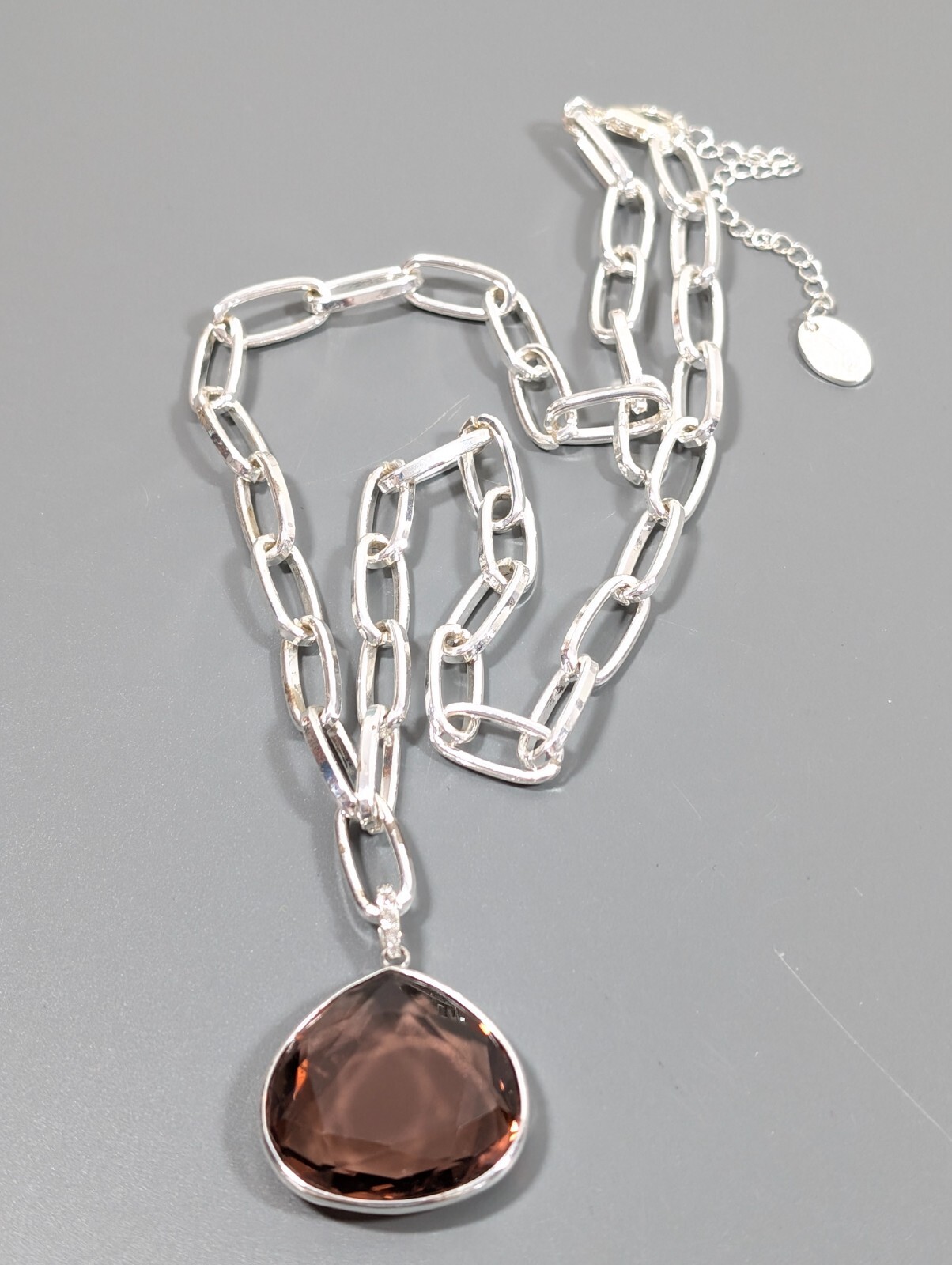 Western Boho Brown Faceted Glass Teardrop Bezel Charm Oval Chain Necklace 23 in