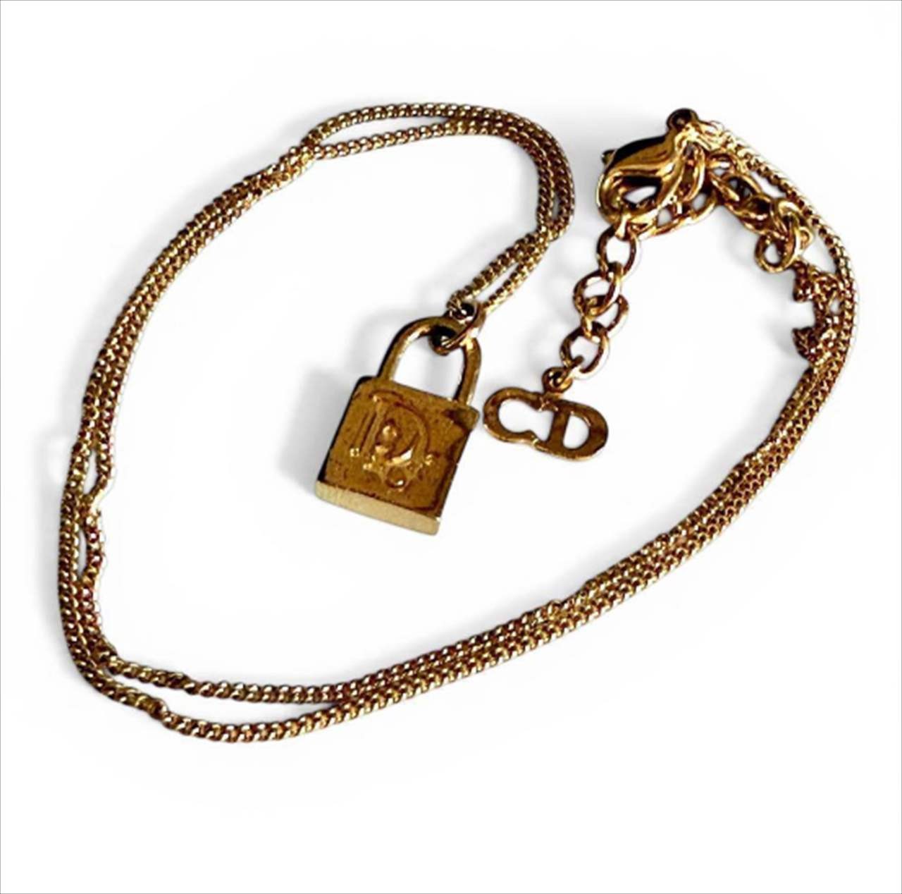 Christian Dior Necklace Padlock Pendant Gold-tone Length: 17.7 in. CD Signature