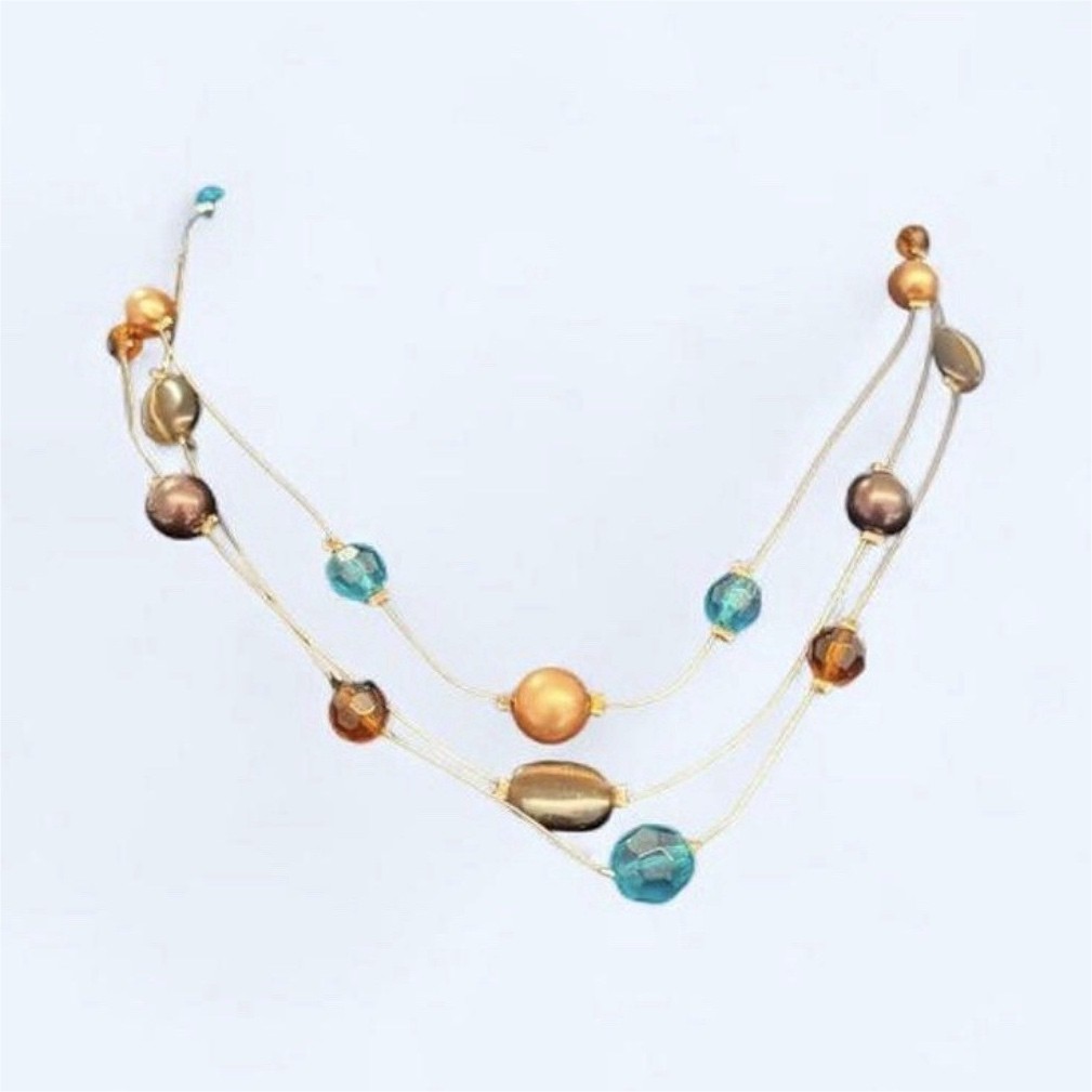 Vintage Gold Tone Layered Cable Chain Necklace w/ Blue Round Crystal Beads