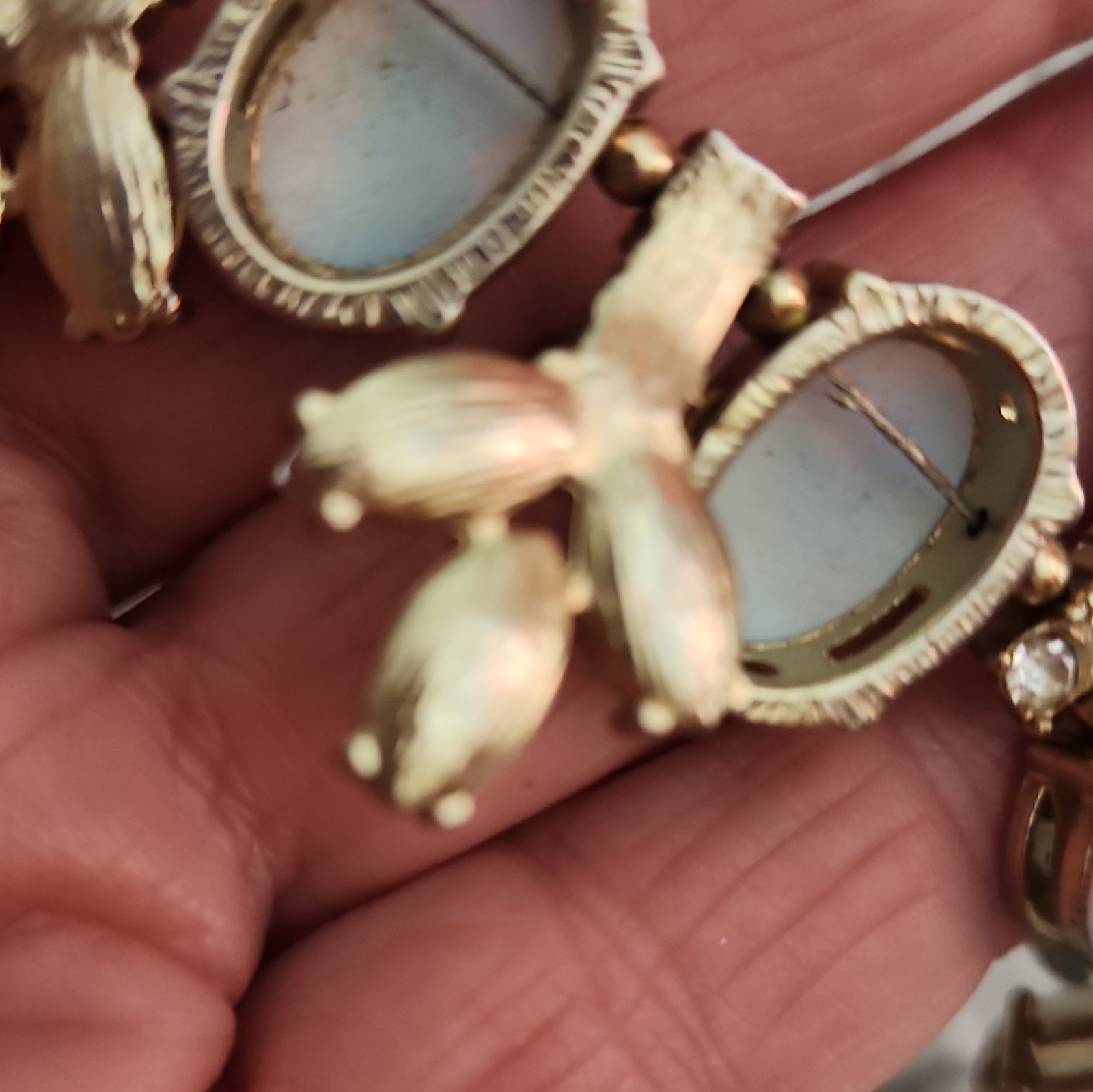 Gold Tone Statement Necklace Oval Blue/White Simulated Glass & Crystal, Adj