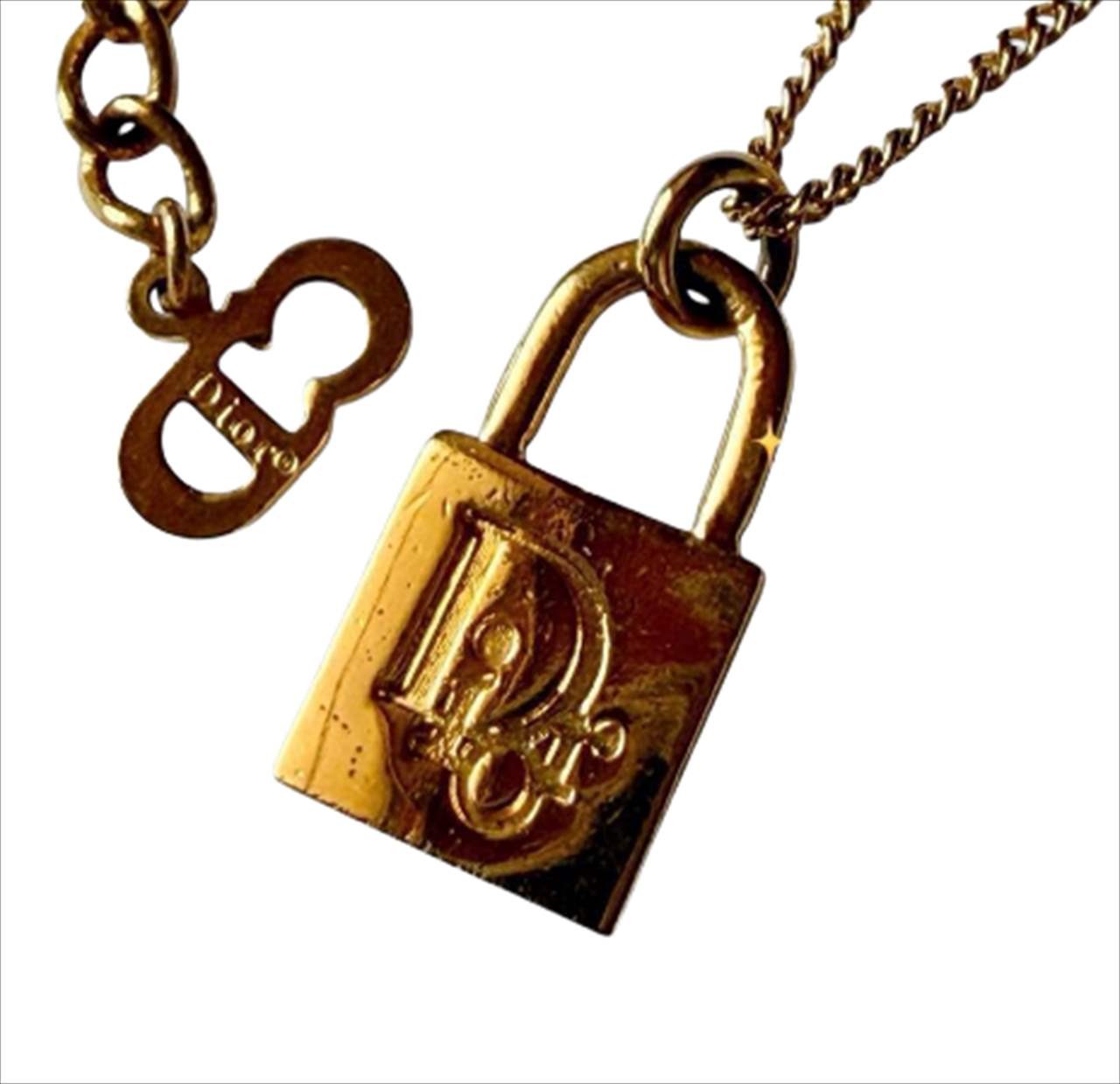 Christian Dior Necklace Padlock Pendant Gold-tone Length: 17.7 in. CD Signature
