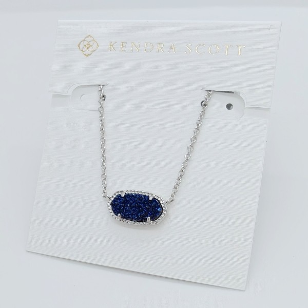New Kendra Scott Elisa Silver Pendant Necklace In Dark Blue Drusy