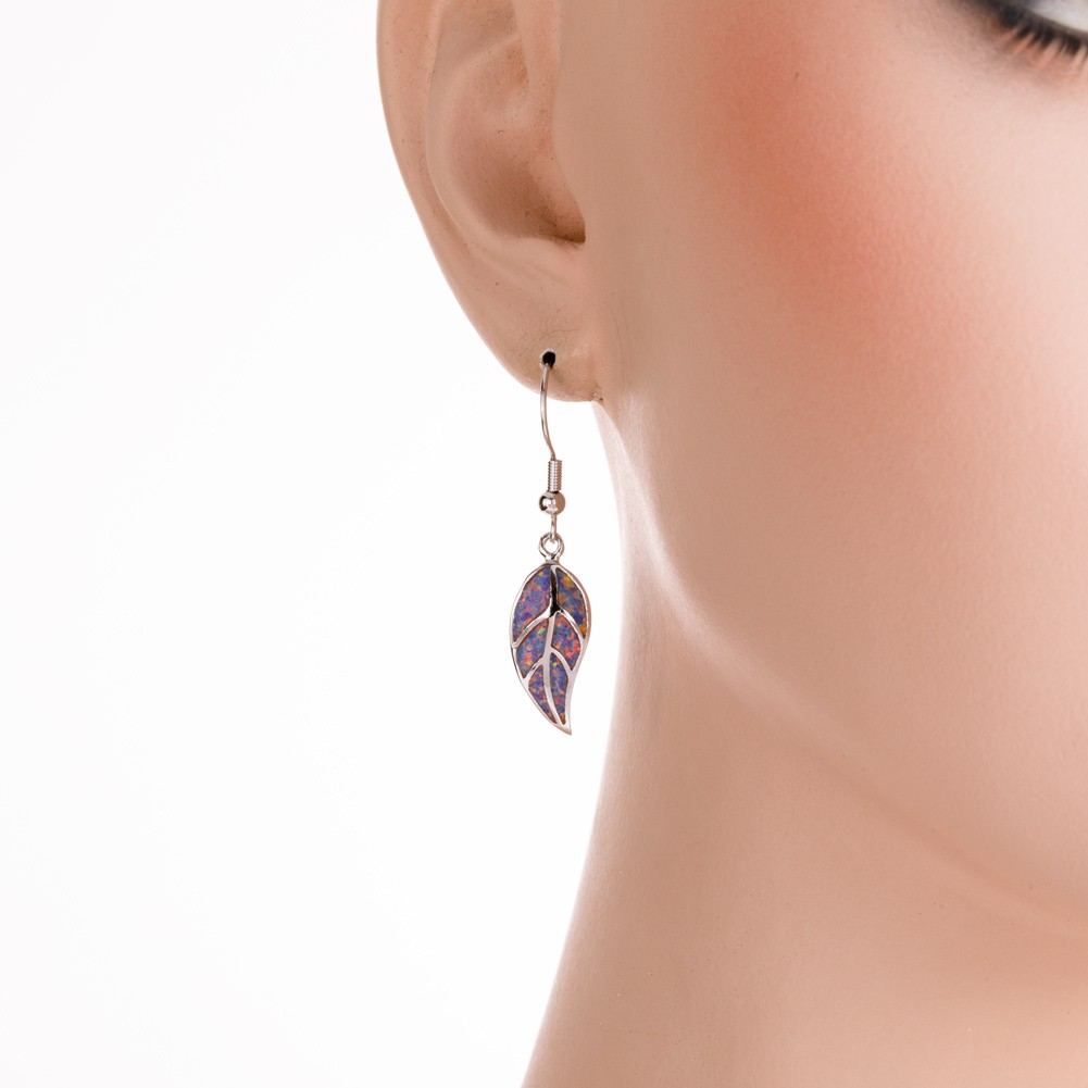 Nature Leaf Shape Lavender Purple Fire Opal Silver Jewelry Dangle Drop Earrings