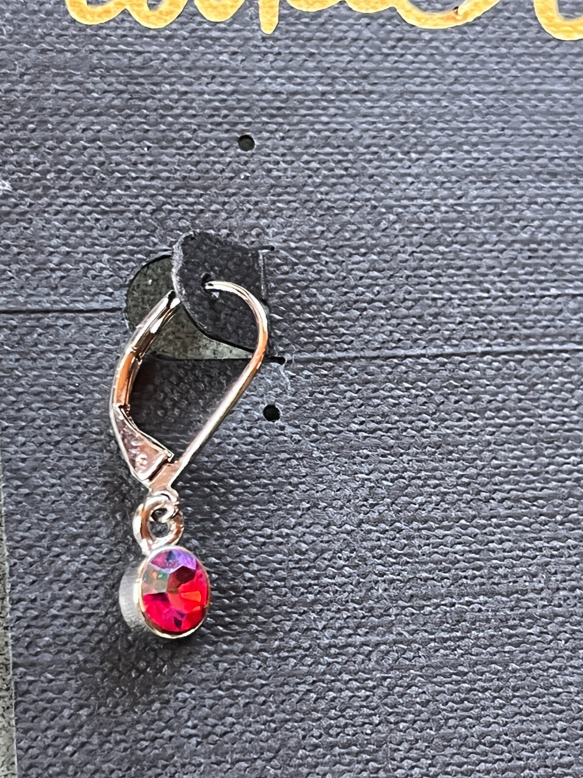 Cookie Lee Small Round Red Aurora Borealis Rhinestone in Silvertone Frame Dangle