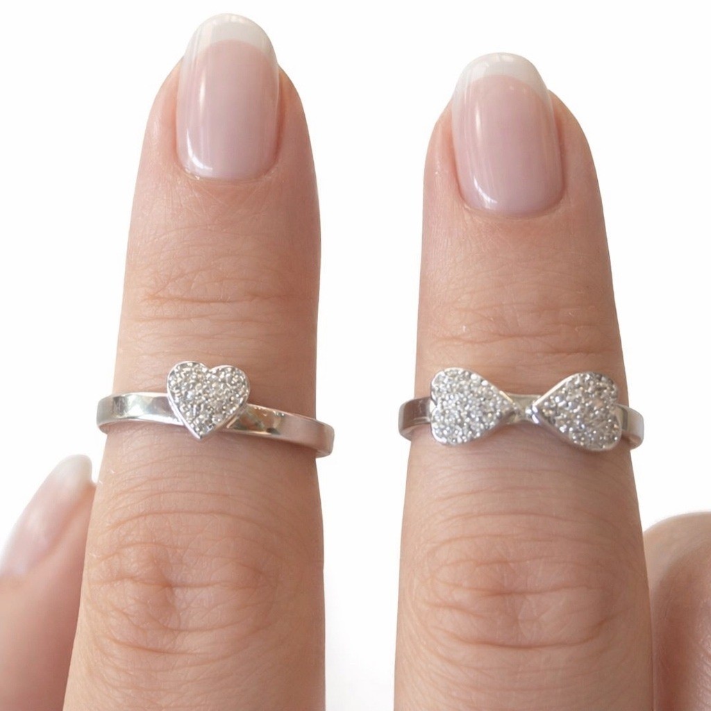 Pave’ Heart Stacking Ring Set 2 Piece Shimmering CZ Cluster Rings Silver Tone 7
