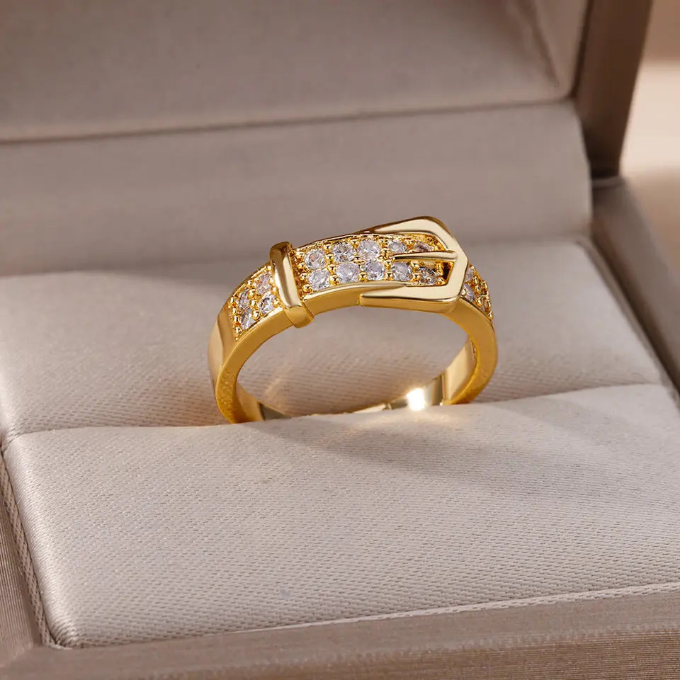 Geometric Belt Ring Adjustable Stainless Steel Simulated Zirconia Unisex Jewelry