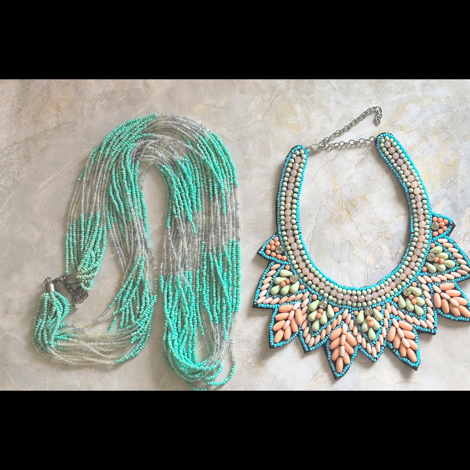 Boho Beaded Necklace Lot Mint Green Coral Statement Festival