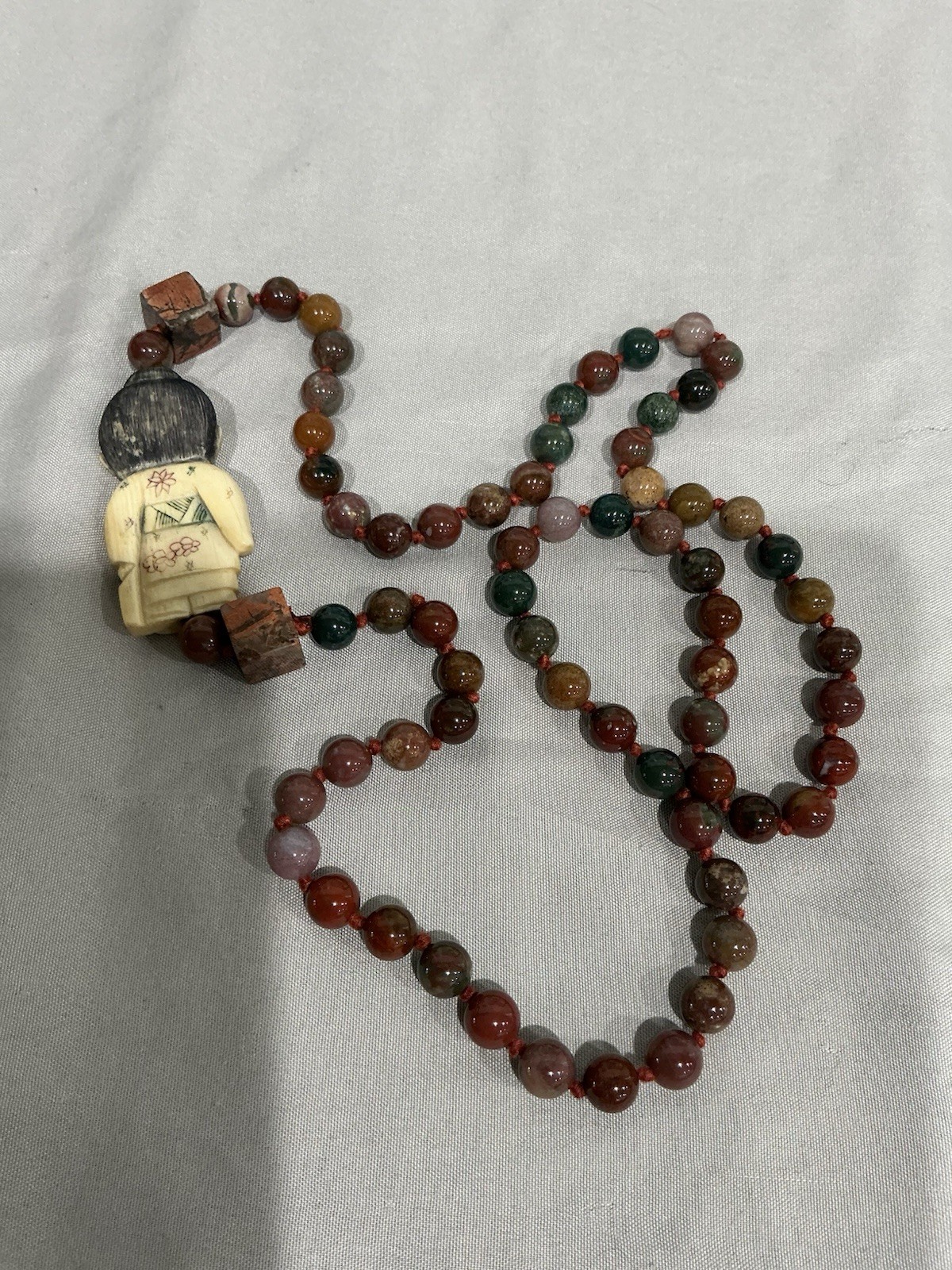 Multicolor Jasper Round Beaded Necklace 28in w/ People Figurine Charm Pendant