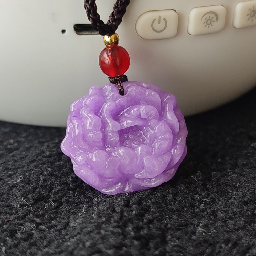 Certified Lavender Natural Burma Jade jadeite Peony Flower 花开富贵 Pendant